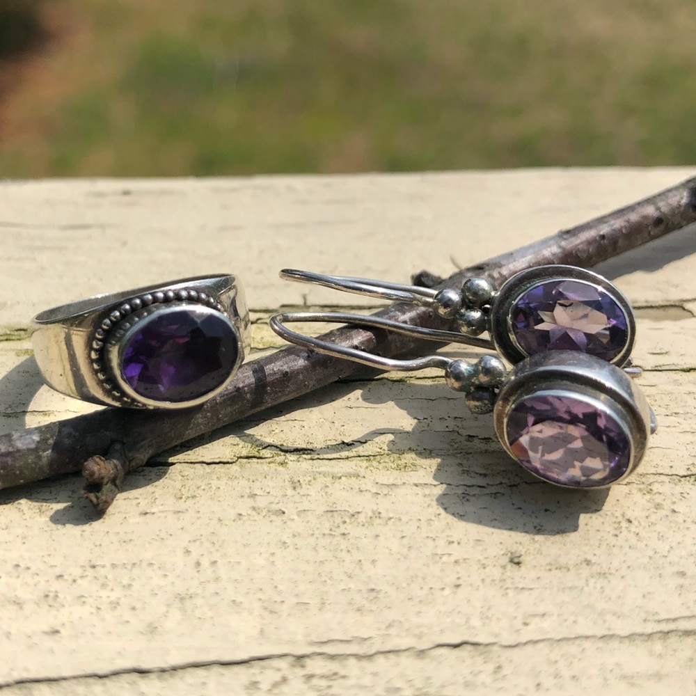 Sterling Silver & Amethyst Ring/Earring set